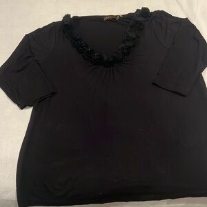 Black v neck top with black roses outlining neck